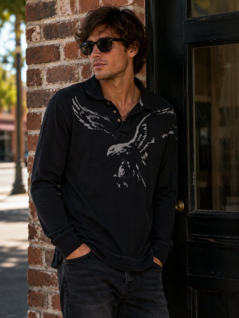 American Eagle Shirt Men's XL Longsleeve Eagle Graphic Black Grunge Distressed